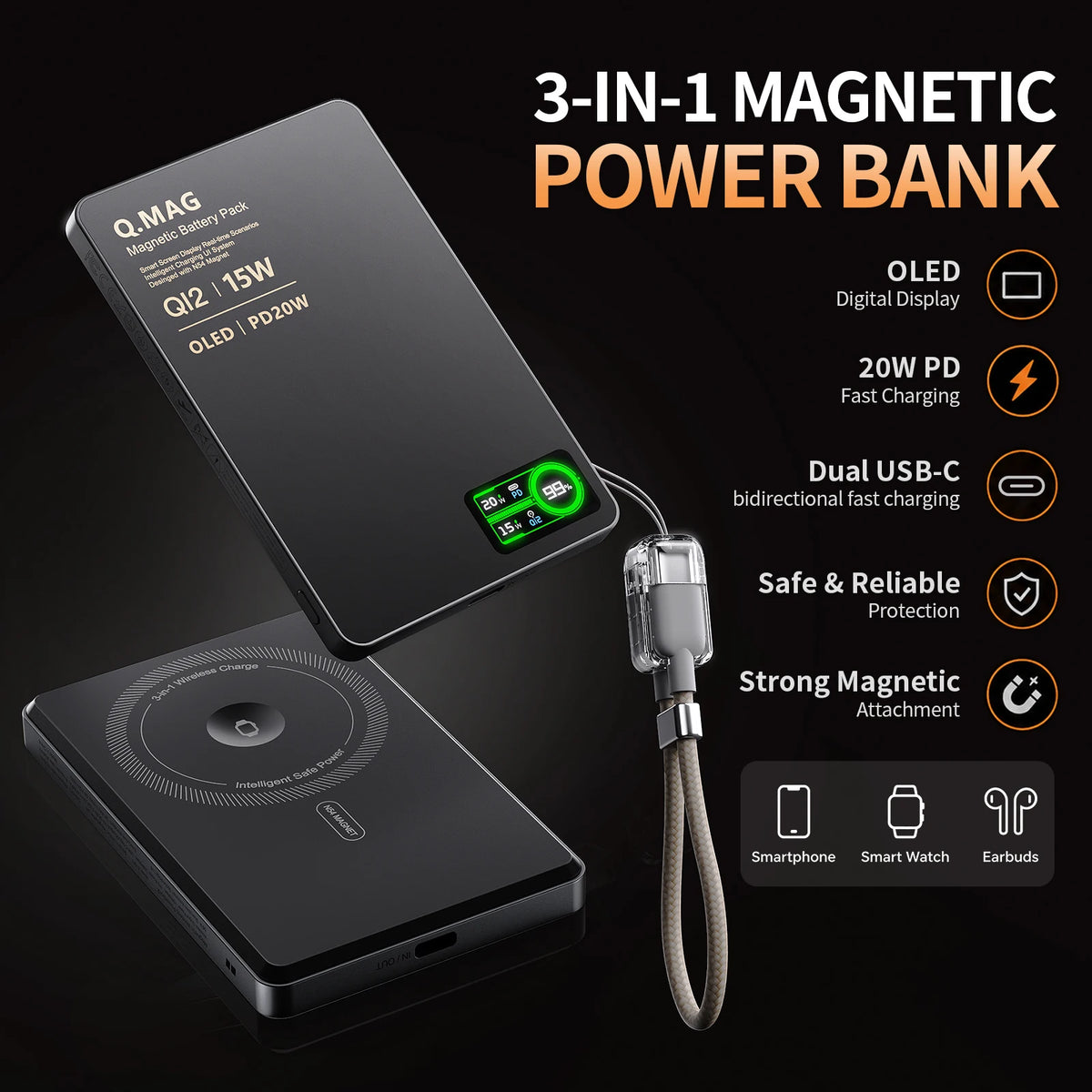 10000mAh Magnetic Wireless Power Bank | USB-C Fast Charging Battery Pack