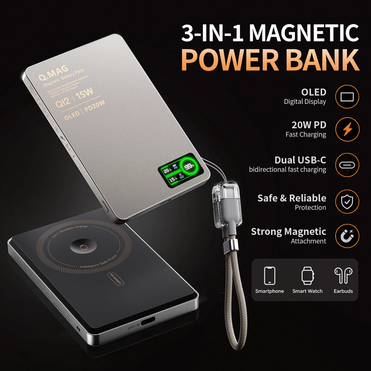 10000mAh Magnetic Wireless Power Bank | USB-C Fast Charging Battery Pack