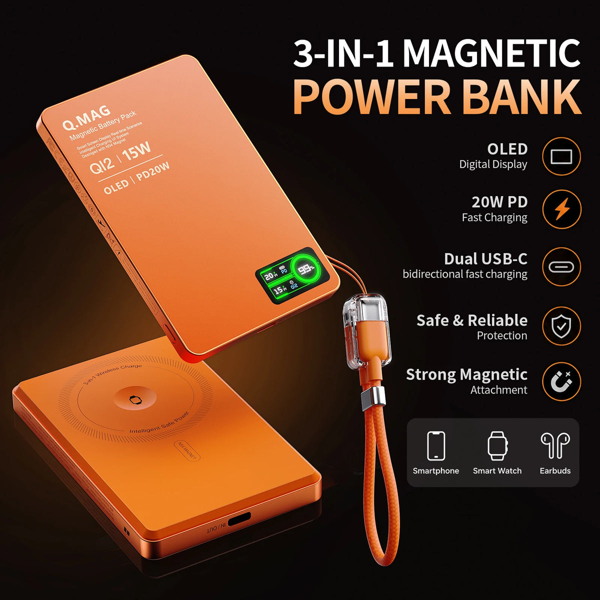 10000mAh Magnetic Wireless Power Bank | USB-C Fast Charging Battery Pack
